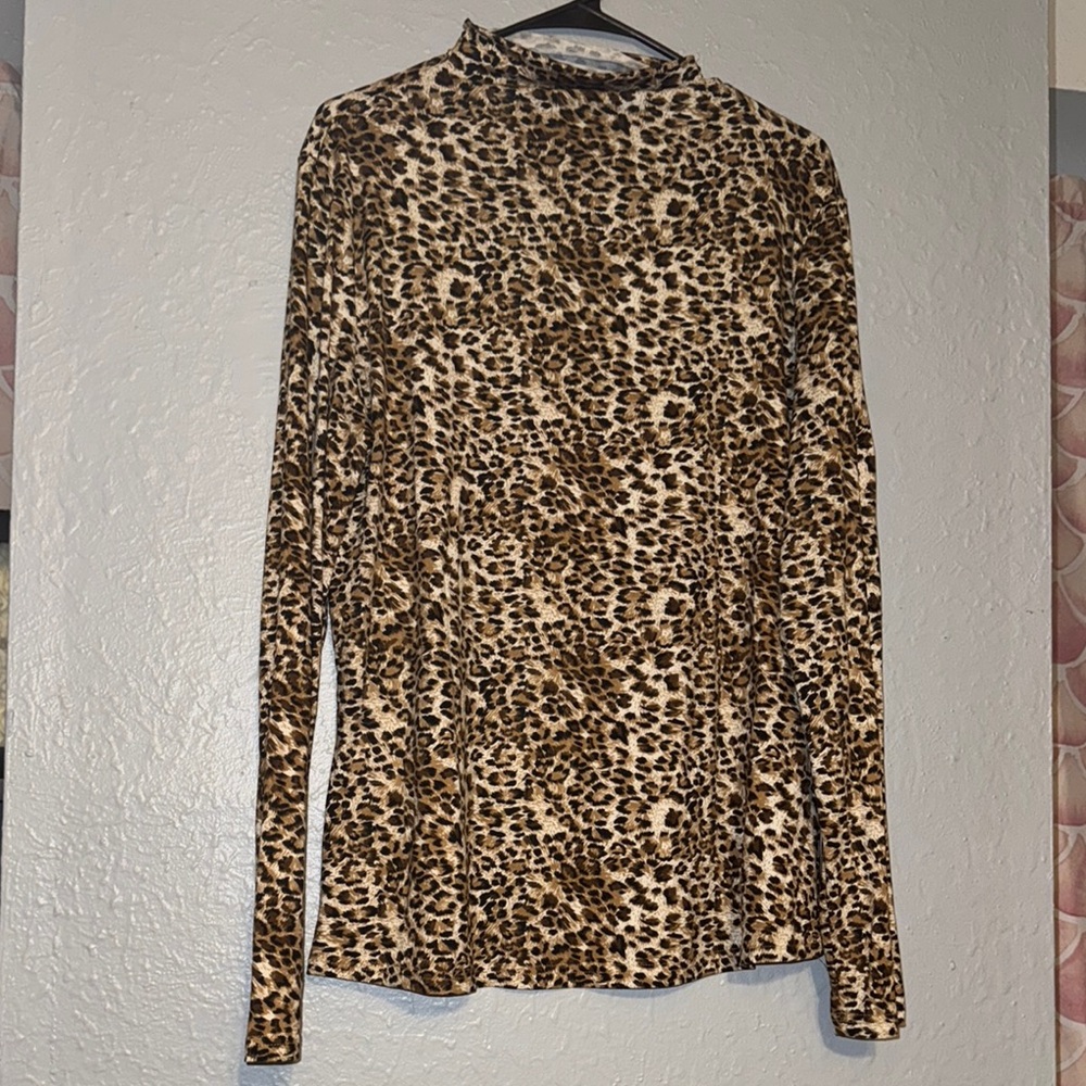 Leopard Print Long Sleeve Women's Mock neck Top